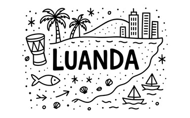 Fototapeta premium Luanda cityscape doodle design with tropical beach and ocean elements