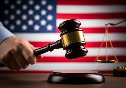 Judges gavel and scales of justice in front of american flag - Powered by Adobe