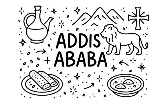 Addis ababa symbols: coffee, cuisine, and culture in black and white outline