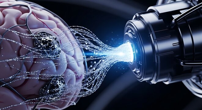 Artificial intelligence brain interface concept showing future technology connection device