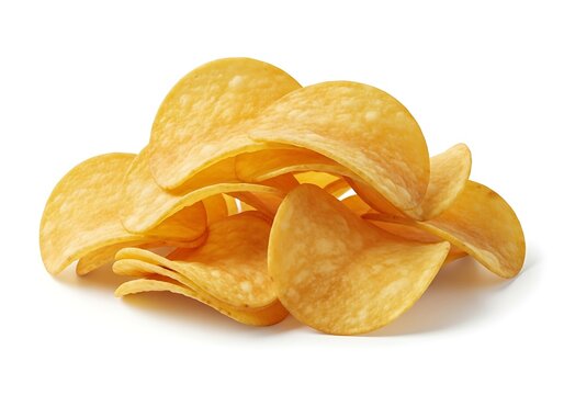 A pile of crispy potato chips isolated on white background - Powered by Adobe