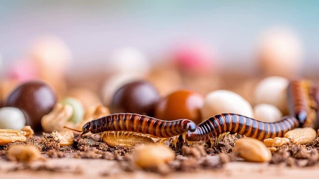 Focused view of mealworms crawling through nutrientrich substrate emphasizing modern insect protein harvest to reduce environmental impact.