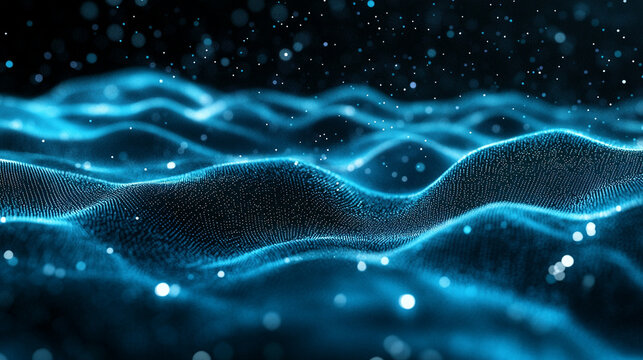 Futuristic big data and AI visualization showing complex neural network flows, machine learning patterns, and dynamic information streams in glowing 3D cyberspace.