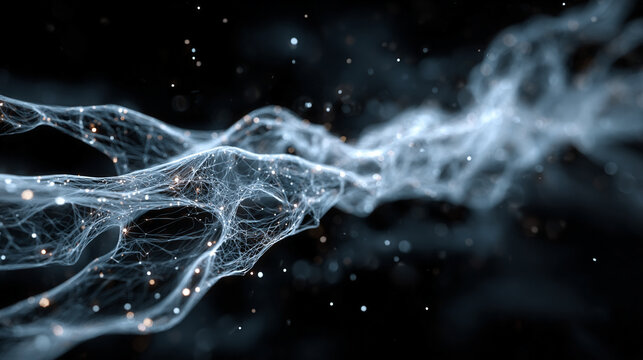 Futuristic big data and AI visualization showing complex neural network flows, machine learning patterns, and dynamic information streams in glowing 3D cyberspace.