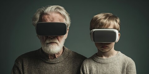 Grandfather and Grandson Engaged with Virtual Reality Glasses, Showcasing Technological Progress