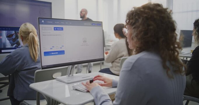 Adult Students in Modern Classroom Learning AI and Digital Design. Teacher Explains Concept While Learners Focus on Monitors Showing 3D House Visualization. Concept Innovation, Education, Technology.