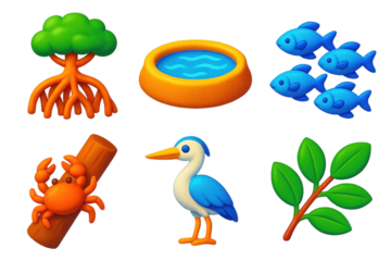 Mangrove Ecosystem Icons. 3D icon set of mangrove forest ecosystem: tangled roots, saltwater pool, fish school, crab on trunk,