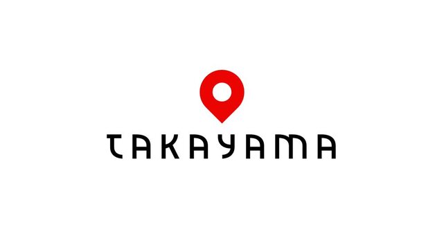 Map pin location symbol with Takayama city name animation on white background