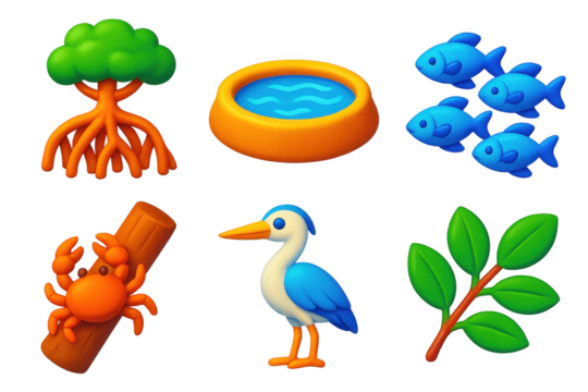 Mangrove Ecosystem Icons. 3D icon set of mangrove forest ecosystem: tangled roots, saltwater pool, fish school, crab on trunk,