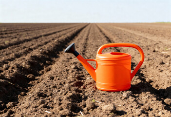 A bright orange watering can on tilled soil in a rural field. Agriculture and gardening concept for the spring planting season