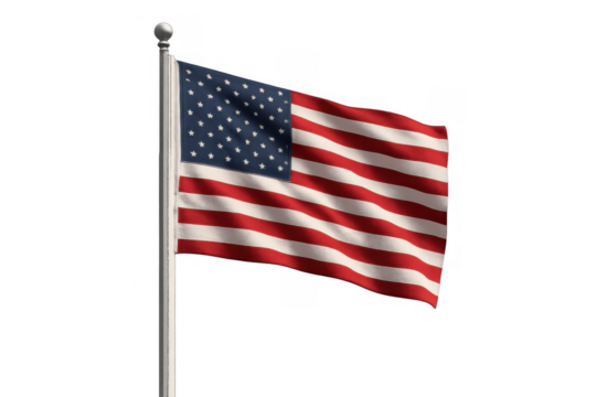 United states flag waving on flagpole representing patriotism, freedom, and national pride with transparent background