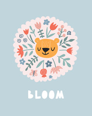 Cute lion with flowers. Modern vector illustration. Jungle life clipart. Vector illustration. Funny doodle animals. 