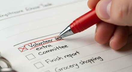 Volunteer Task Checklist: A hand, holding a red pen, marks Volunteer on a to-do list, symbolizing commitment, support and civic duty and active involvement.