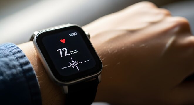 Health Tracker and Wrist Watch: Capturing a close-up of a wrist adorned with a cutting-edge smartwatch, the screen illuminated with vital health metrics.
