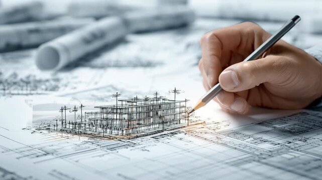 Architect Hand Drawing Construction Blueprint Plans