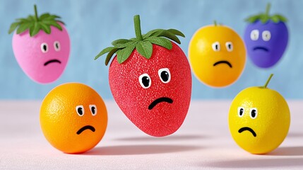 A collection of colorful fruit characters with sad faces, including a large red strawberry and smaller orange, yellow, pink, and purple fruits, set against a soft blue background