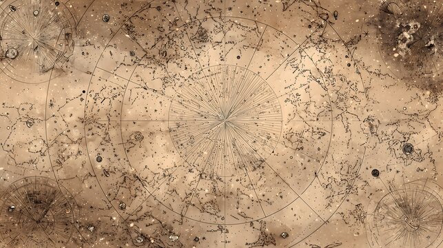 Vintage celestial map with constellations and cosmic dust in warm sepia tones