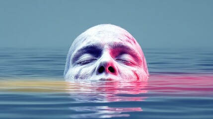 A serene face partially submerged in water, with closed eyes and a calm expression, surrounded by colorful reflections