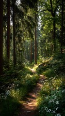 Obraz premium Sunlight streams through lush forest path, inspiring nature exploration and tranquility.