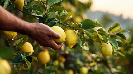 Closeup medium shot of harvesting ripe lemons in the soft morning glow focusing on the careful selection and collection of fruit amid vibrant foliage.