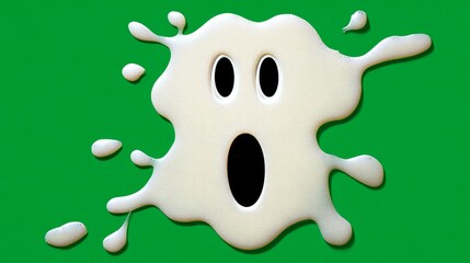 A cartoonish ghost shape made of white splatter on a green background, featuring large black eyes and an open mouth, evoking a playful and spooky theme