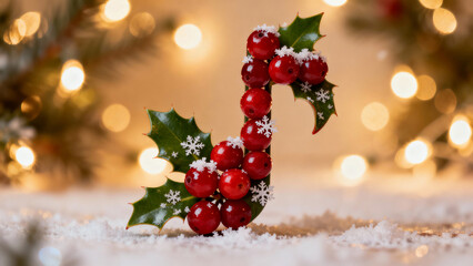 Festive musical eighth note crafted from red holly berries and green leaves, with soft snowflakes and a twinkling Christmas lights bokeh background.