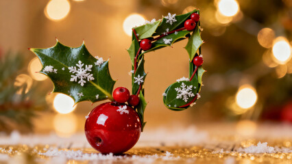 Festive musical eighth note crafted from red holly berries and green leaves, with soft snowflakes and a twinkling Christmas lights bokeh background.