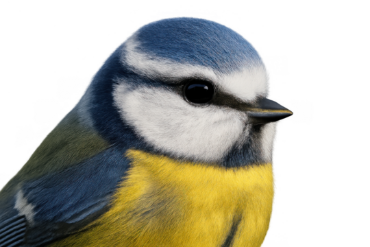 Eurasian blue tit bird close-up peeking, showing colorful feathers and curious gaze on transparent background