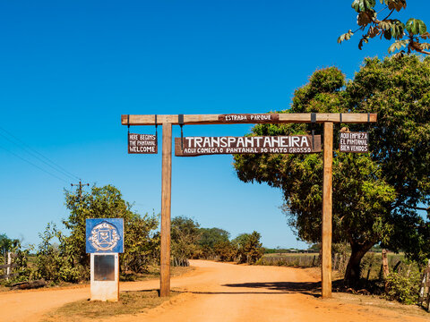 Entrance arch of the Transpantaneira road marking the beginning of the famous wildlife route in the Northern Pantanal, Mato Grosso, Brazil