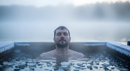 Embracing the Chill: A man immerses himself in a revitalizing ice bath, his face conveying serenity amidst the cool embrace. The frosty atmosphere enhancing a sense of tranquility and invigoration.