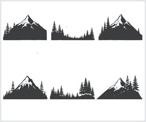 Fototapeta premium Collection of six stylized silhouette illustrations of mountain ranges with evergreen trees in a graphic design style