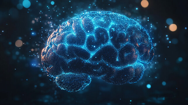 A glowing 3D digital brain network made of luminous neural pathways and light nodes, forming an intricate web of connections across a dark futuristic space.