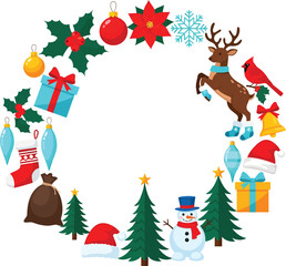 Festive christmas wreath with ornaments gifts and snowman
