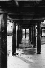 Wooden Pier Structure Over Water in Black and White