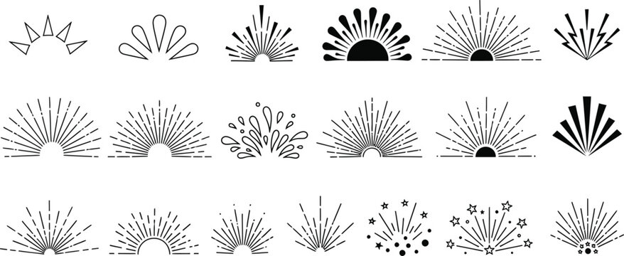 Collection of stylized decorative peacock feather fan elements in black and white