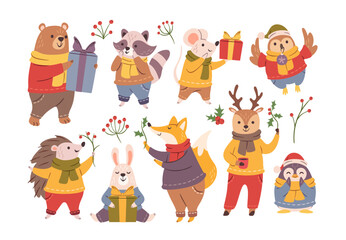 Cute Christmas animals carrying gift boxes and rowan berries, mistletoe twigs isolated set