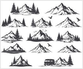Obraz premium Collection of hand drawn mountain landscapes with pine trees and birds in vintage sketch style
