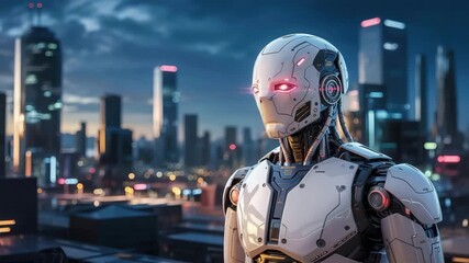 Futuristic robot watches over city skyline at night, a modern AI guardian concept with glowing eyes and sleek design, perfect for technology and innovation - Powered by Adobe