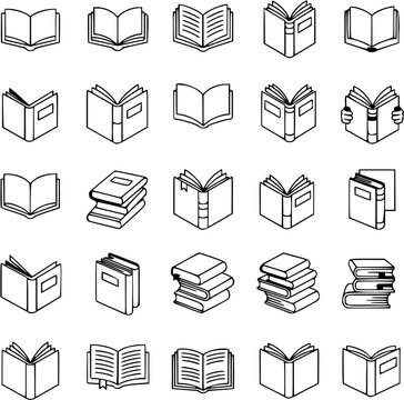 Collection of book vector line art icons representing various books, including open and closed books, stacks of books, and books held by hands