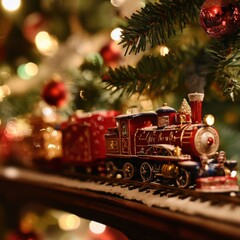 Detailed model scene featuring a red toy train and a Santa figure on tracks. Miniature transport and festive character for holiday hobby projects