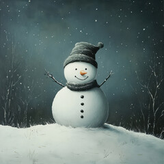 Cute snowman character in a hat and scarf on a snowy hill. Christmas spirit