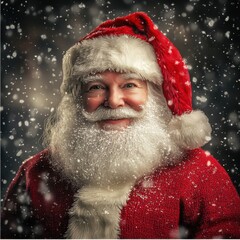Close-up portrait of Santa Claus in a warm red coat and sunglasses during a heavy snowstorm. Depicts severe cold weather and winter conditions.