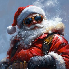 Cool, modern Santa Claus wearing dark sunglasses and a bright red winter coat in falling snow. Contemporary stylish Christmas character concept.