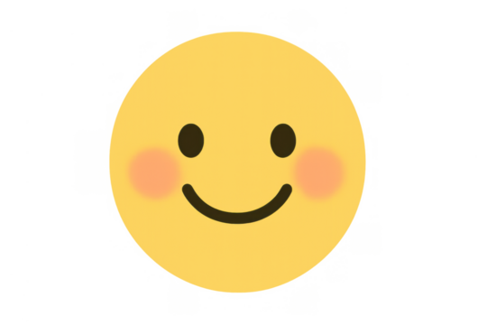 Yellow smiling emoticon with rosy cheeks expressing happiness and joy on transparent background
