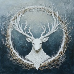 Polygonal red deer trophy with large antlers and a dark green leafy wreath. Modern geometric digital art on a textured, aged surface.