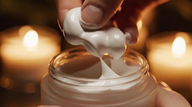 Close up of a delicate hand scooping luxurious creamy moisturizer from an elegant glass jar surrounded by warm glowing candlelight creating a serene spa ambiance for