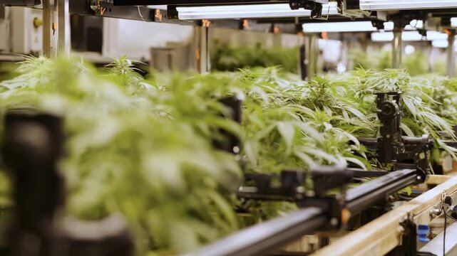 Medium shot capturing digital twindriven pot elevation system replicating realtime plant growth scenarios to achieve precise height adjustments in a controlled setting.
