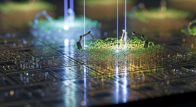 Abstract circuit board with robotic arms and light beams for technology concepts design art work