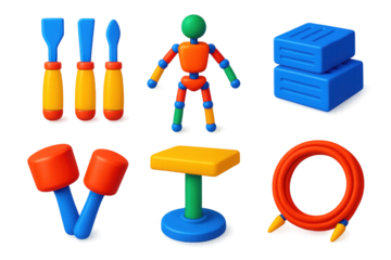 Sculpture Workshop Icons. 3D icon set of sculpture workshop essentials: chisels, armatures, clay blocks, carving mallets, modeling