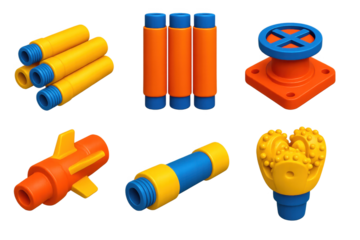 Vibrant Drilling Components. 3D icon set of drilling components: drill pipes, casings, rotary tables, stabilizers, drill collars,